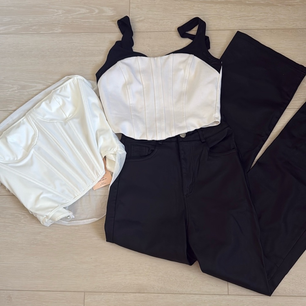 3 Piece Clothing Bundle Black Pants and 2 White Corset Top